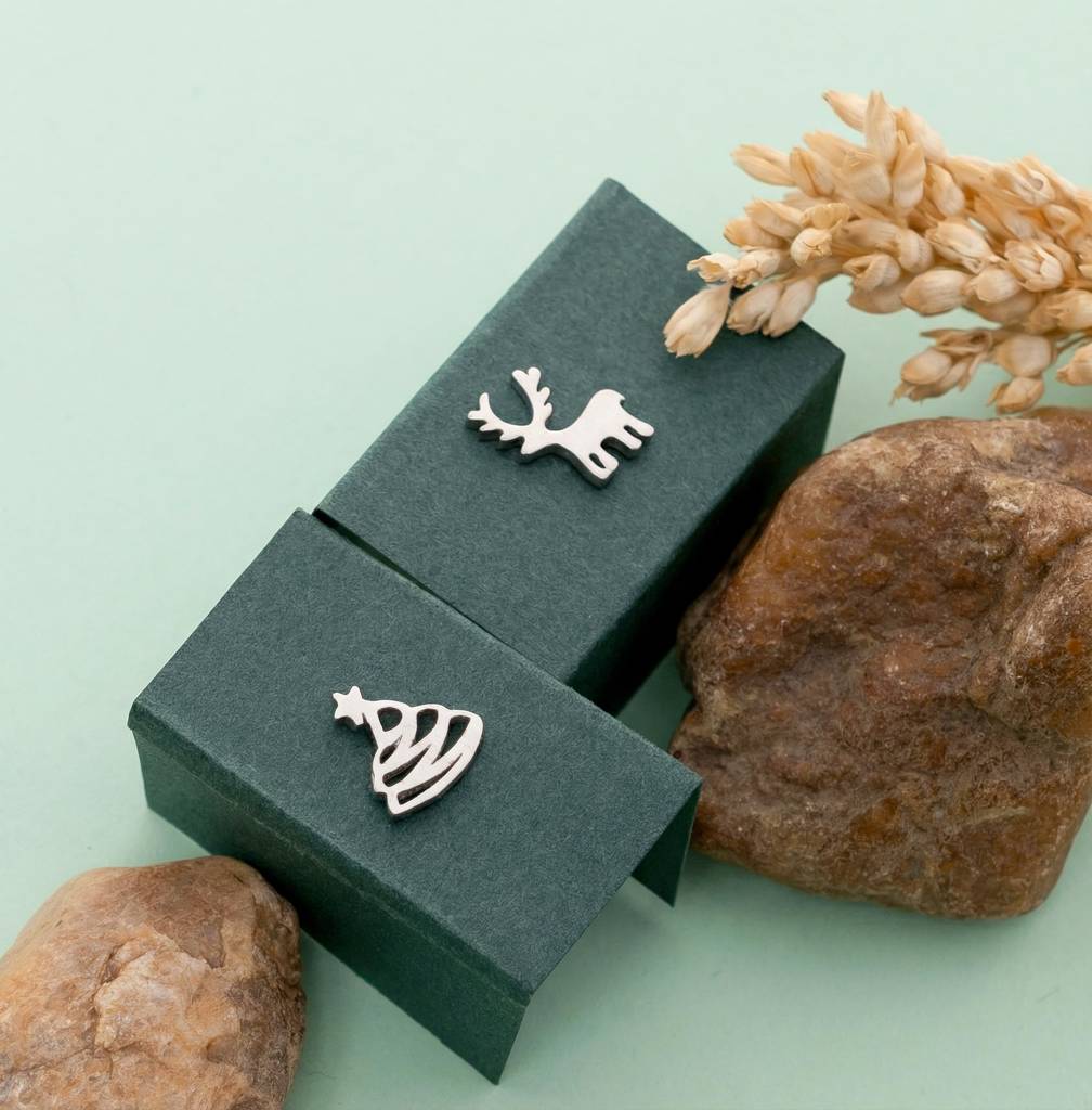 925 Sterling Silver Christmas Tree Reindeer Earrings : SE_001072