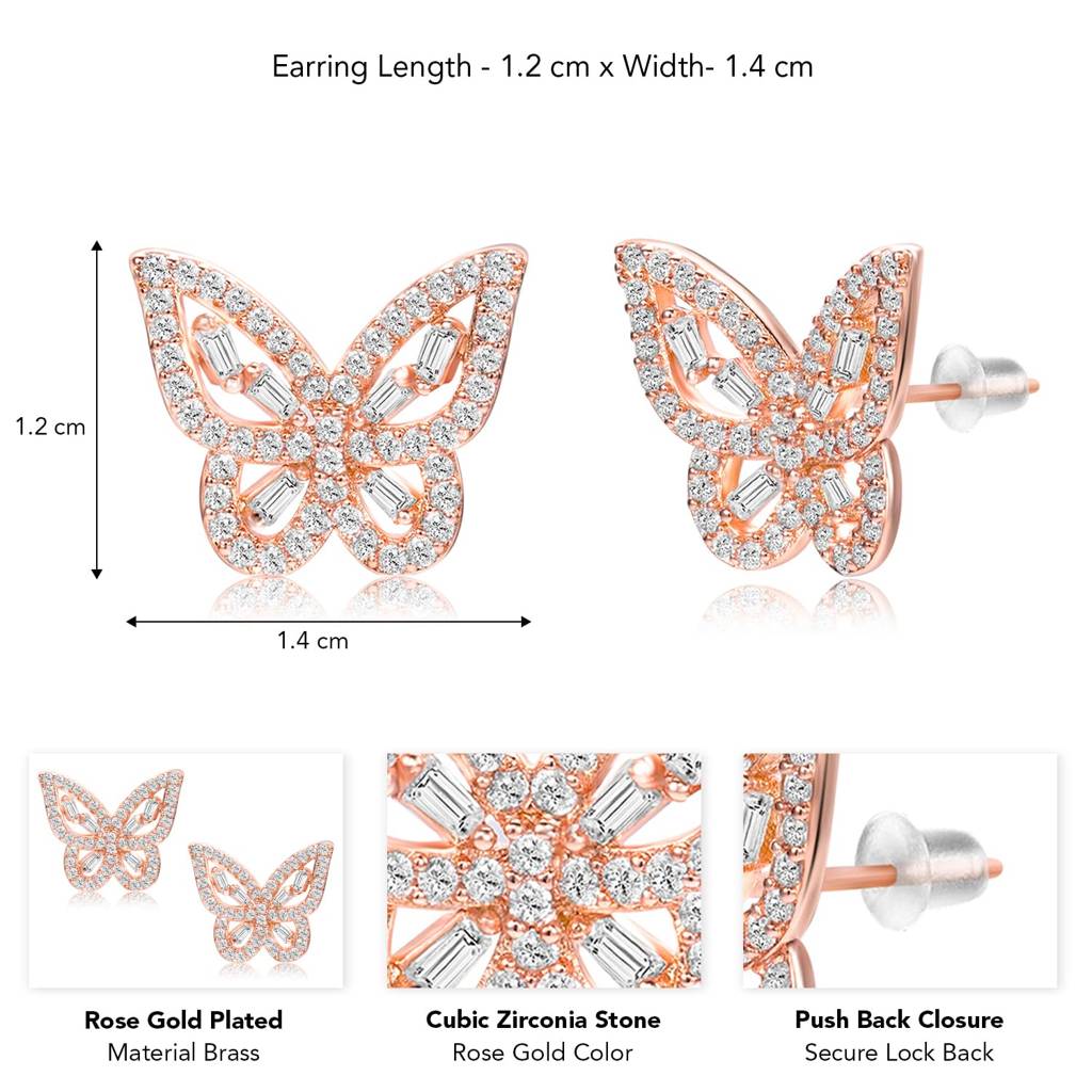 Butterfly Style Cz & Baguette Stone Stud Earrings Jewellery Gift For Women : PF68E337C