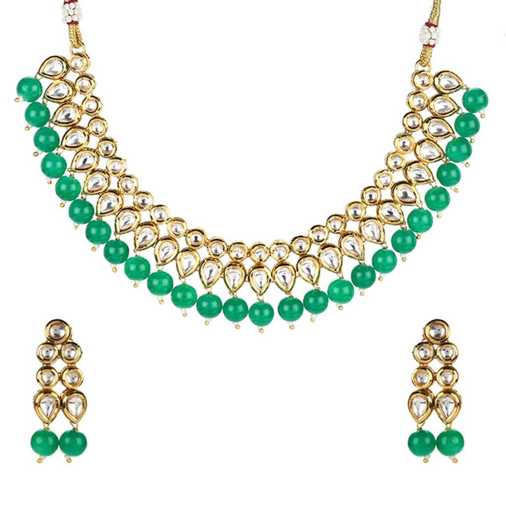 Kundan Elegance Teardrop Stones With Green Beads Jewellery Set : 8905124437881