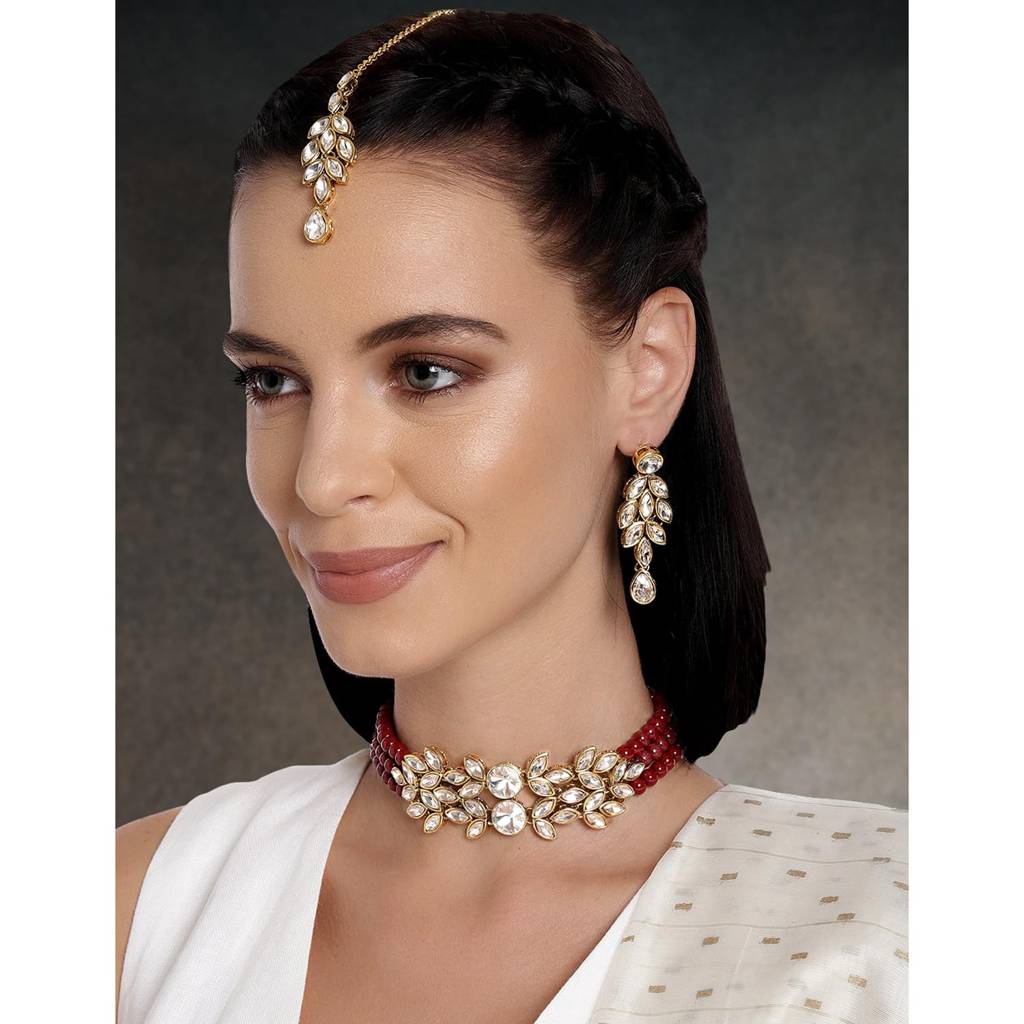 Gold Plated Bridal Crystal Pearl Choker Necklace With Drop Earrings Traditional Jewellery Set For Women : PF24N10204M