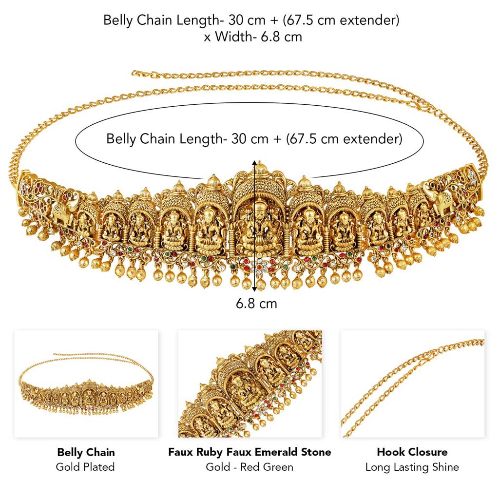 Gold Plated Faux Ruby Faux Emerald Studded Divine Goddess Laxmi Accent Kamar Patta Kamarbandh Belly Chain Jewell : PF47BCH01RG