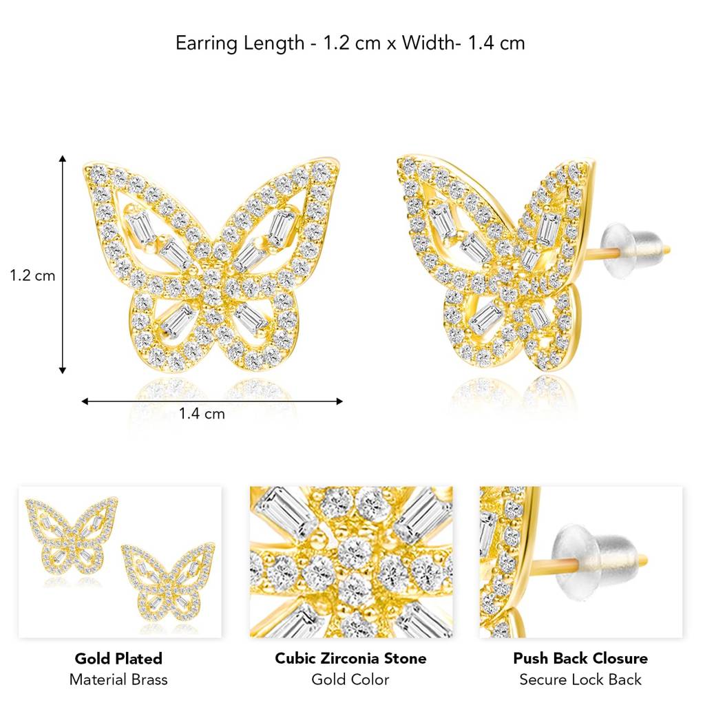 Butterfly Style Cz & Baguette Stone Stud Earrings Jewellery Gift For Women : PF68E337G