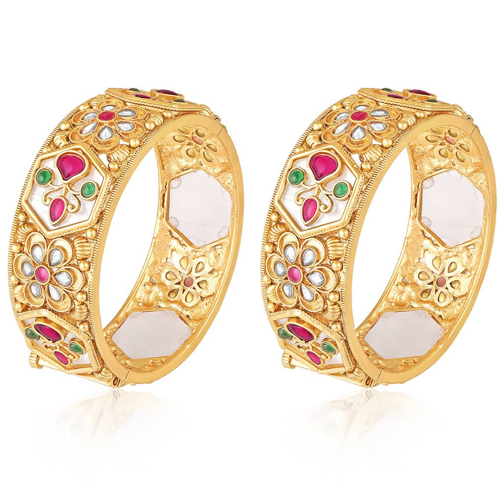 Gold Plated Faux Ruby & Faux Emerald Studded Ethnic Thick Kada Openable Bangles For Women (1 Pair, Size - 2.6  : PF74B236-S2-6