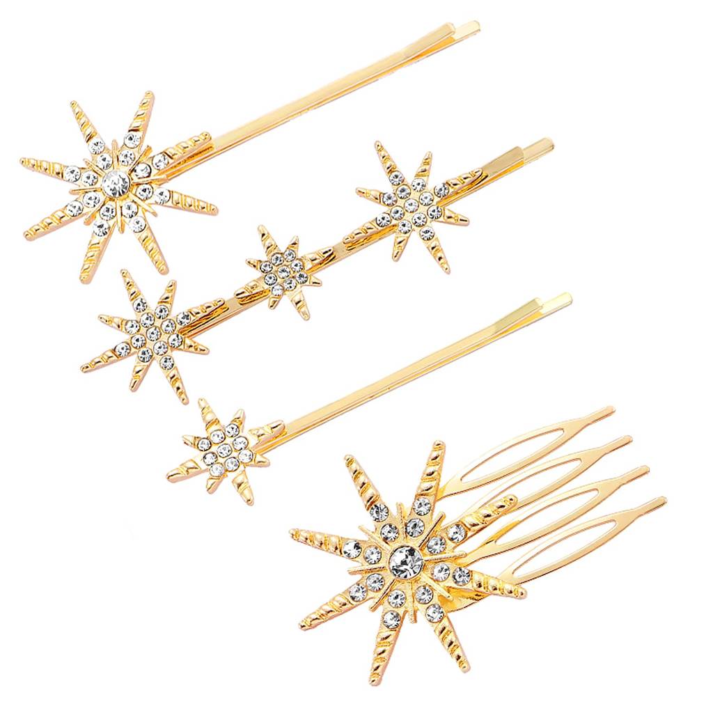 Gold Plated Star Cz Studded 4 Pc. Hair Clips Pin Stylish Jewellery Hair Accessories For Women & Girl : PX9HJ03-S4