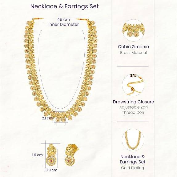 Ethnic Long Necklace Earrings For Women & Girls Gold Plated Cubic Zirconia Studded Festive Temple Jewellery Birthd : PF47N45RG
