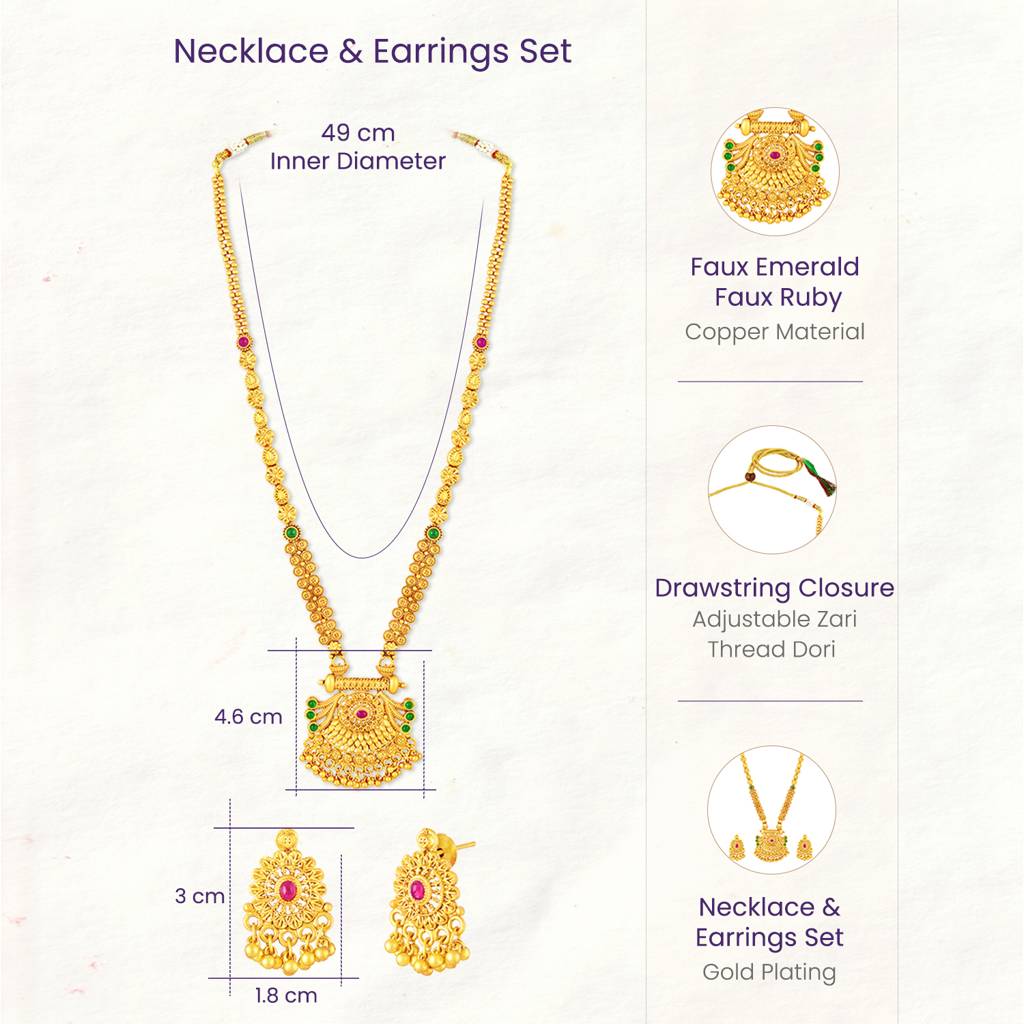 Ethnic Long Necklace Earrings For Women & Girls Gold Plated Faux Ruby Emerald Studded Festive Temple Jewellery Bi : PF04NK02RG