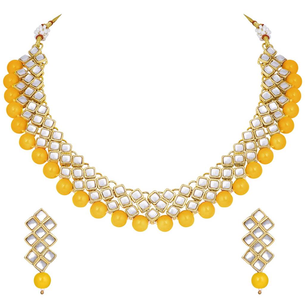 Gold Plated Indian Ethnic Kundan Pearl Fancy Bridal Traditional Choker Necklace Jewellery Set With Earrings For W : PF25N1018Y