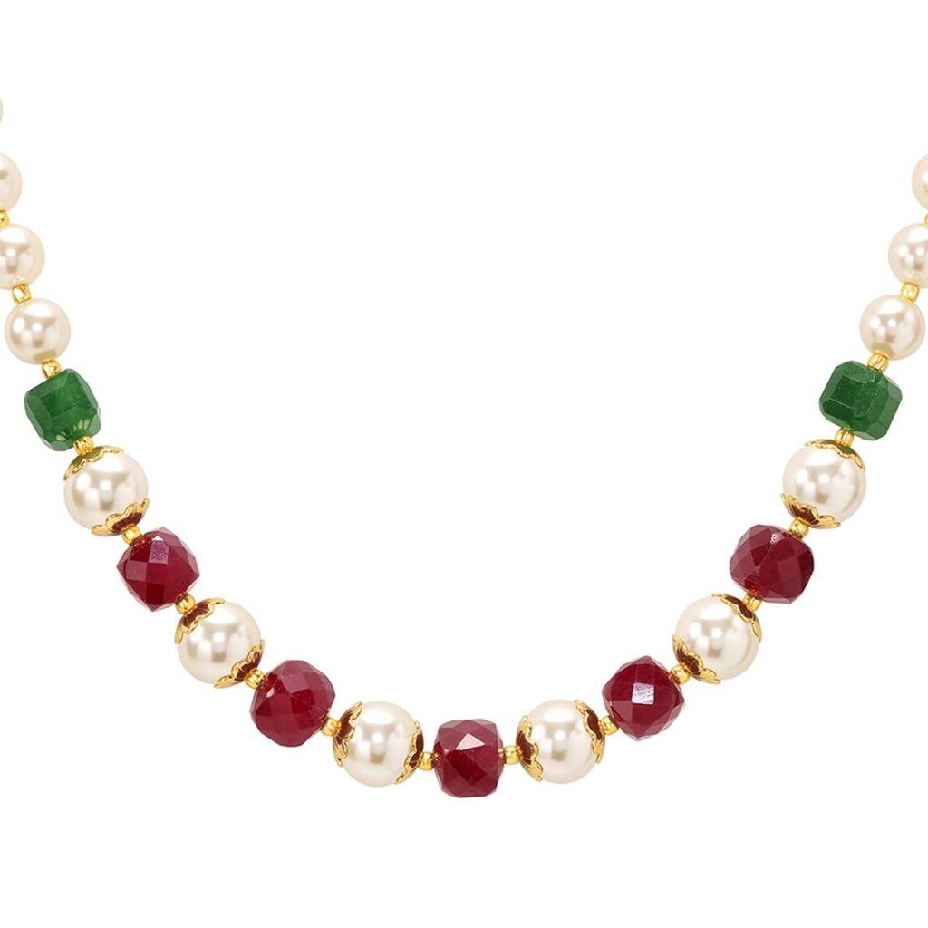 Ethnic Red & Green Beads Mala Necklace For Women & Girls Gold Plated Pearl & Crystals Studded Traditional Festive : PF10ML31RG