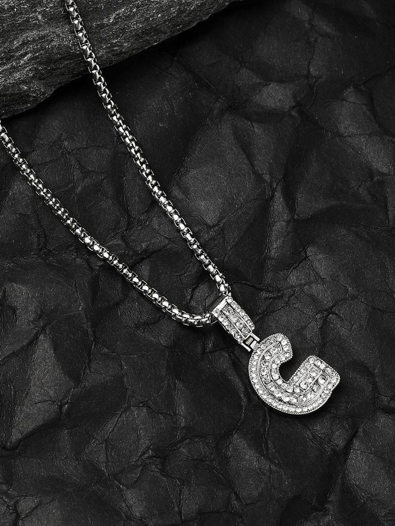 Men'S Embellished Alphabet Pendant Necklace - Silver : FANC1071-G