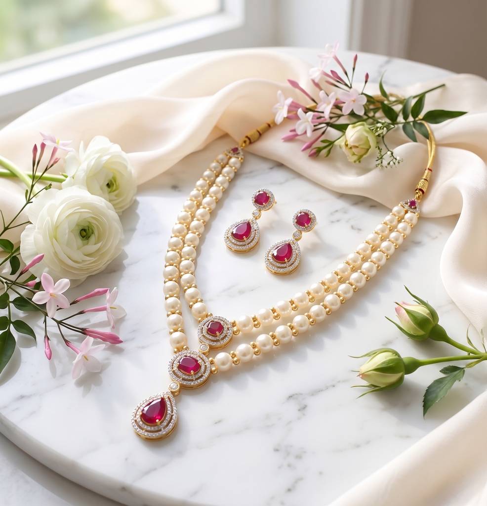 Double Strand Pearl Pendant Necklace Set : JPAPR-26-006