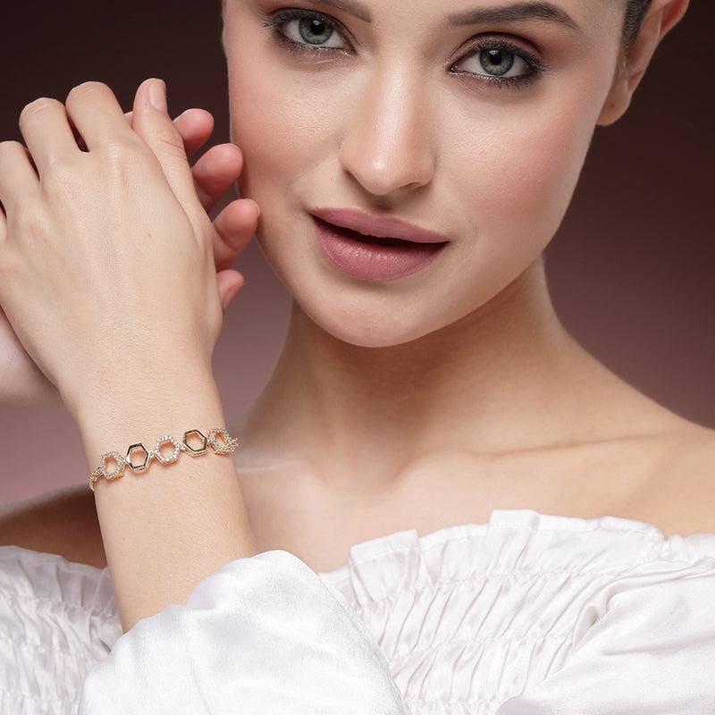 American Diamond Hexagon Chain Bracelet – Exclusive Gold Plated, Lightweight Daily To Party : AD-136-IGBR