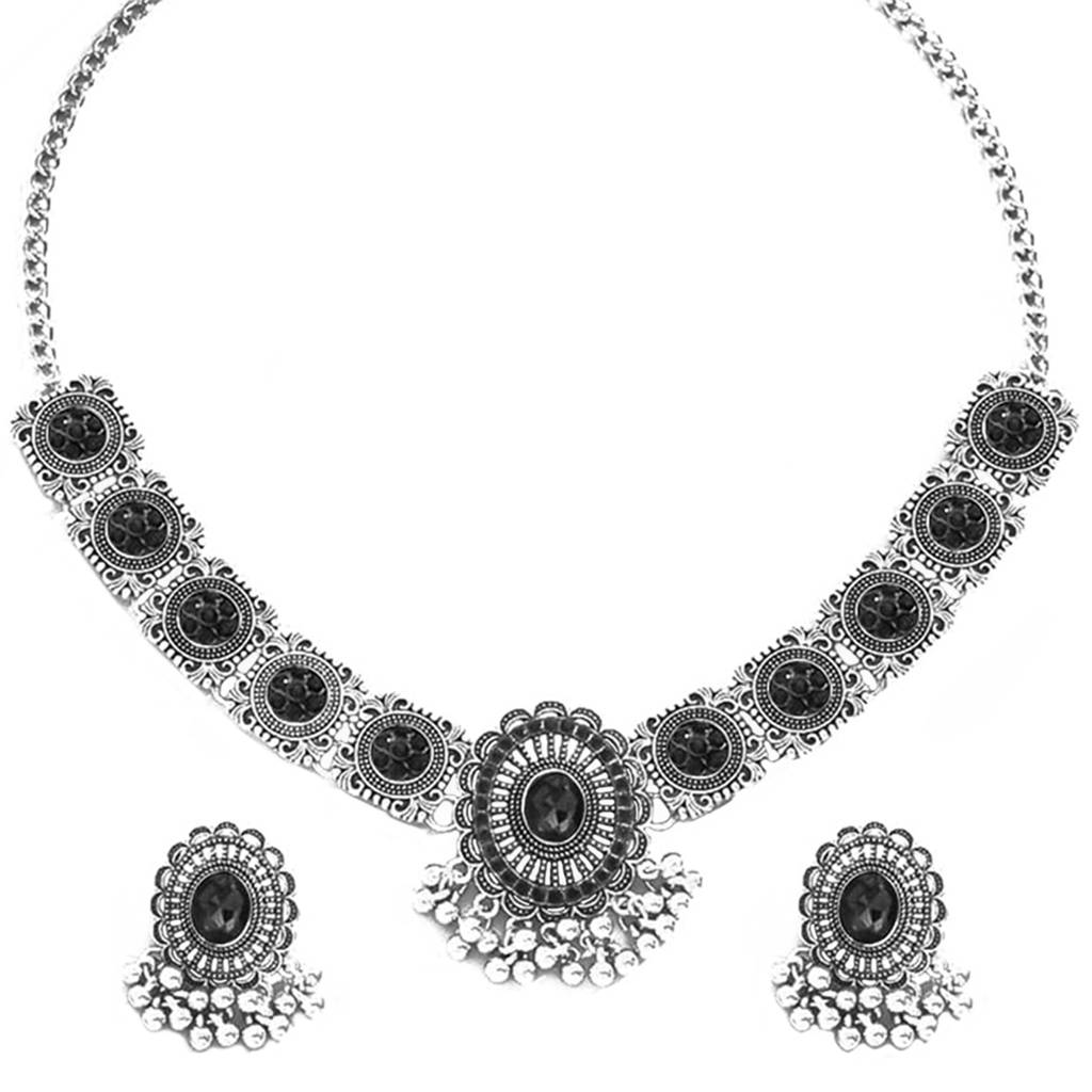 Oxidized Silver Plated Black Artificial Stone Studded Floral Style Choker Necklace With Earrings Set Fashion Jew : PX9N167OXBL