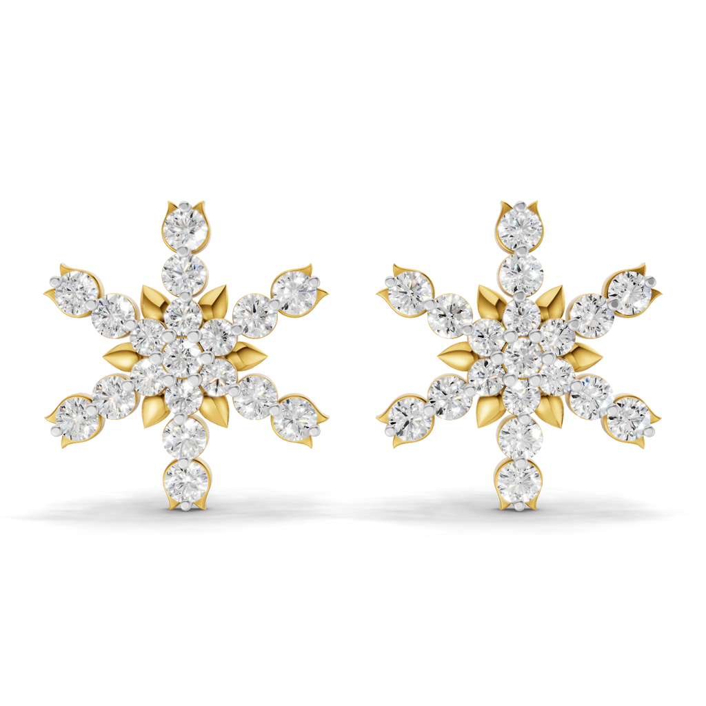 Lab Grown Diamond 0.87Ct Round 925 Sterling Silver Gold Plated Snowflakes Earrings : SQT19350-EG-925S-0.87CT