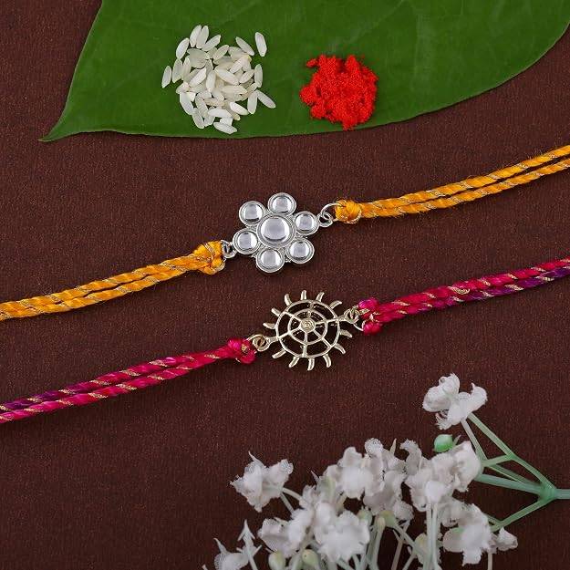 Gold & Rhodium Plated Sacred Sign, Kundan Polki Work Bracelet With Austrian Crystals And Fancy Silk Thread ( : COMBO-228-RAKHI