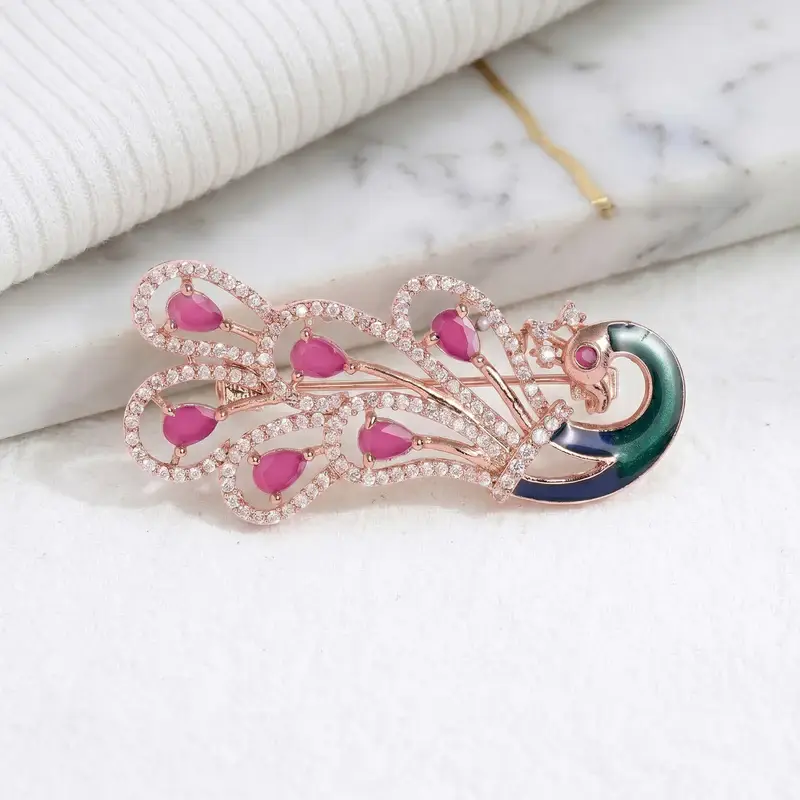 Cz Statement Peacock Feather Brooch Pin For Women |Wedding Wear : AD-005-RGRB-BROOCH