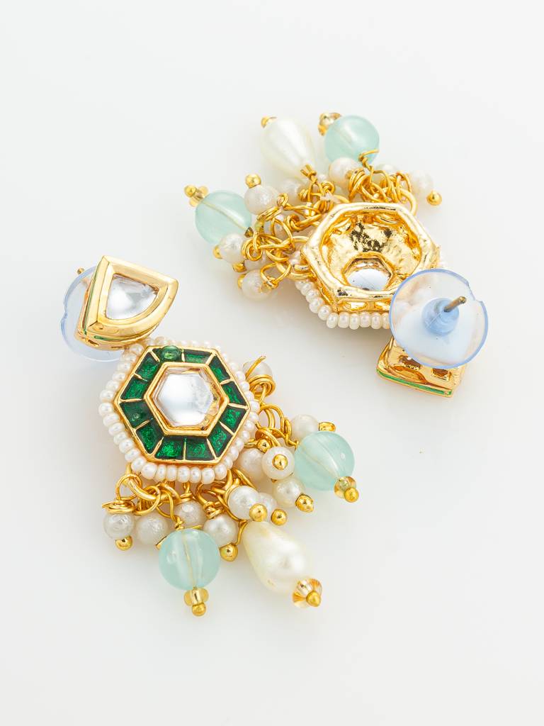 Gold Plated Kundan And Green Stone Multi-Strand Pearl Necklace Set : NK4837