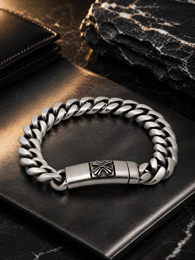 Silver Rhodium-Plated Titan Curb Waterproof Hypoallergenic Steel Bracelet : AN-LJ-SI-0007-DB-M