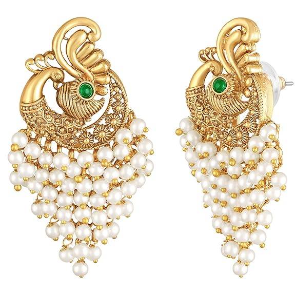 Green Ethnic Dangle Earrings For Women & Girls Gold Plated Faux Ruby & Beads Studded Festive Bridal Jewellery Birth : PF47E07W