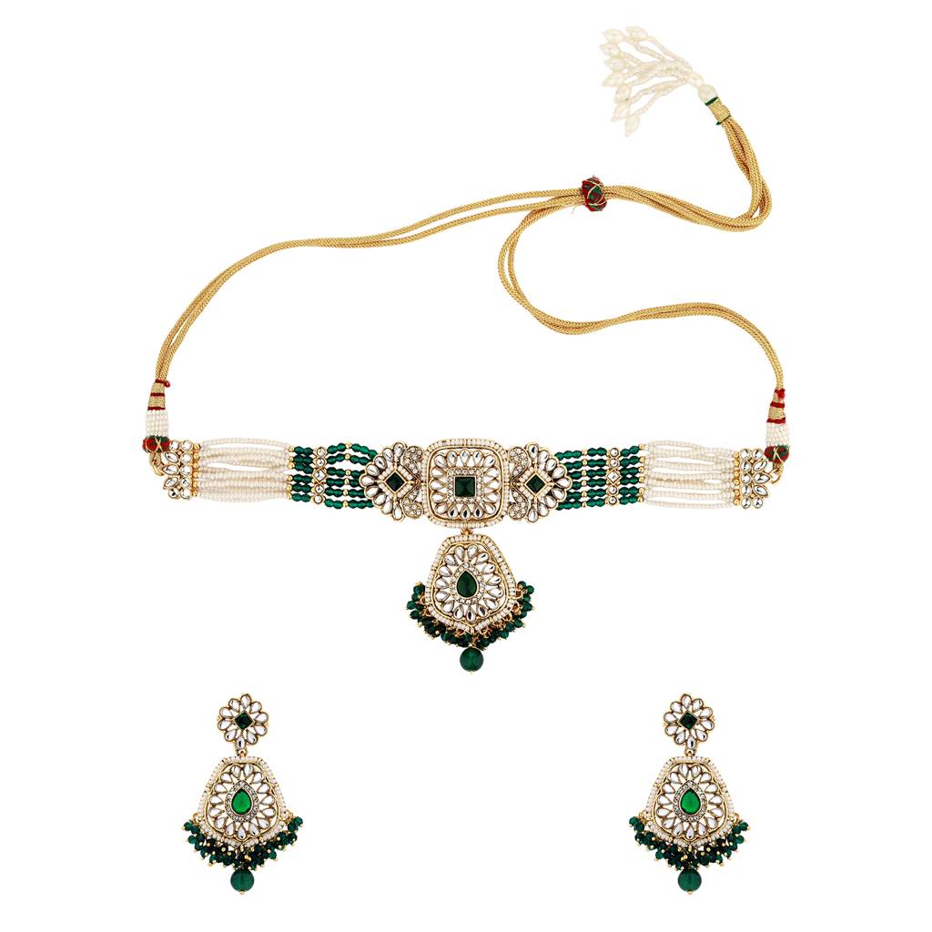 Kundan Opulance Green Cz-Pearl Beaded Yellow Gold-Plated Choker Set : 8905124585322