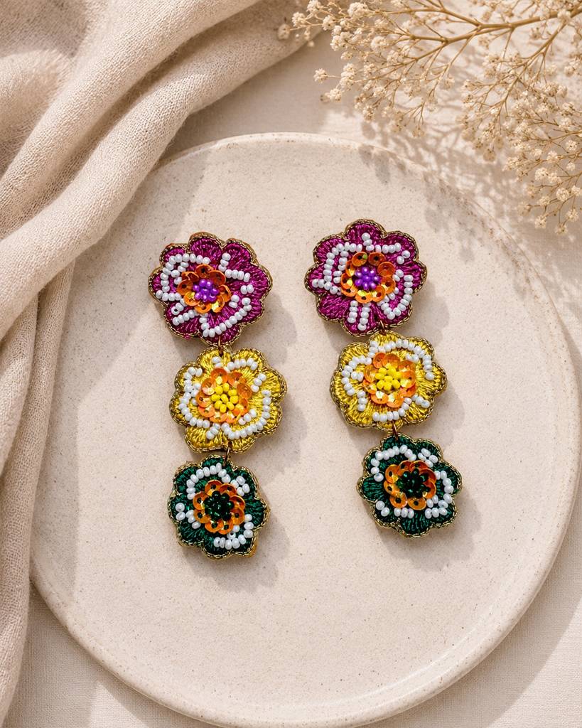 Pink, Green & Yellow Flower Dangler Handmade Earring : ERTF091