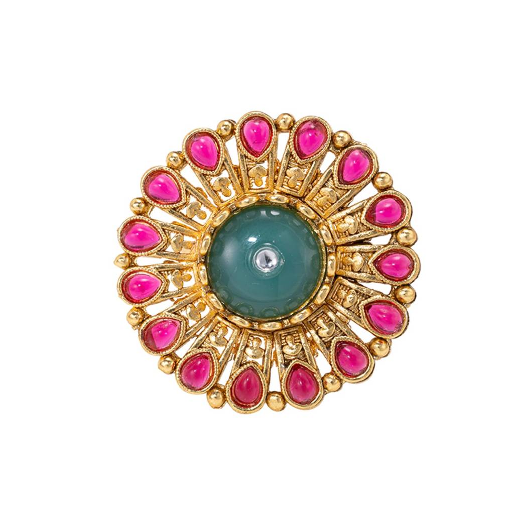 Gold Plated Ethnic Green Rani Pink Adjustable Finger Ring For Women : PF04R09RPG
