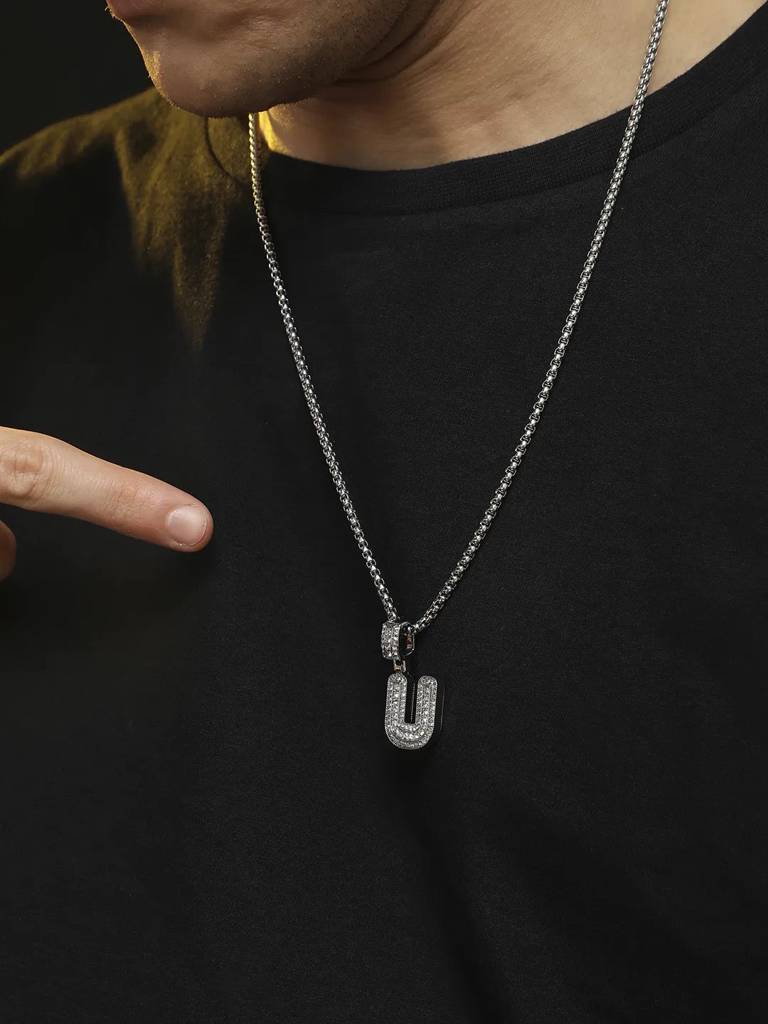 Men'S Embellished Alphabet Pendant Necklace - Silver : FANC1071-U