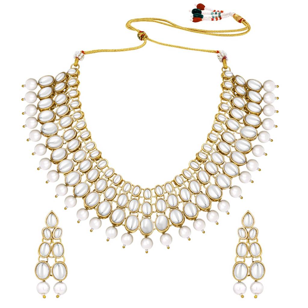 18K Gold Plated Jadau Kundan Stone Pearl Necklace With Earrings Jewellery For Women (White) : PF25N1187W