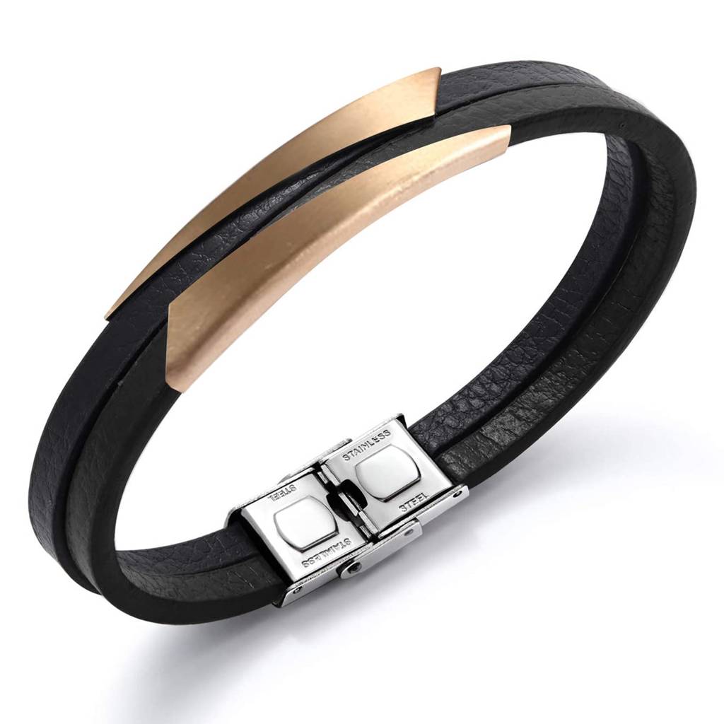 Black Synthetic Leather With Rose Gold Plated Metal Bracelet Stylish Design Fashion Casual Jewellery Gift For Men & : PX9LB34C