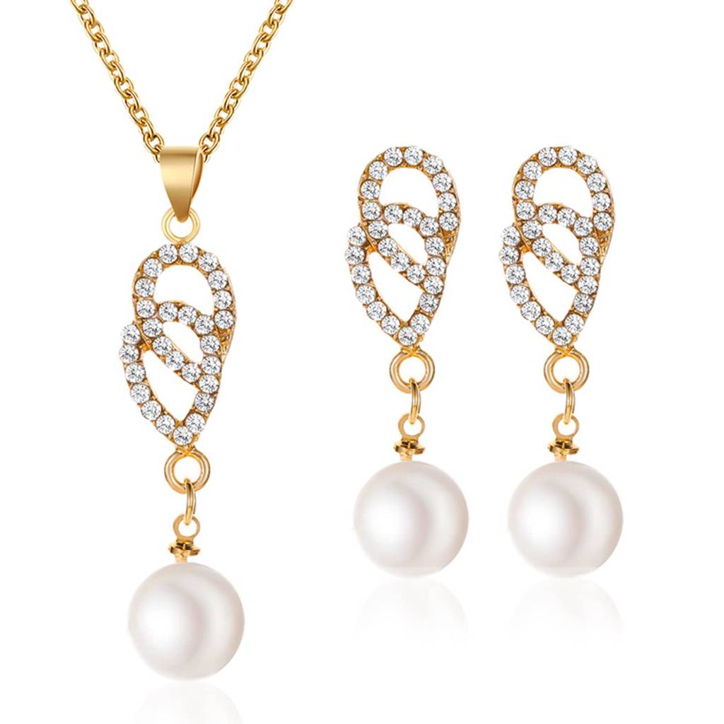 Gold Plated American Diamond & Pearl Studded Pendant Necklace Chain & Drop Earrings Set Stylish Jewellery Gift For W : PX8PS20