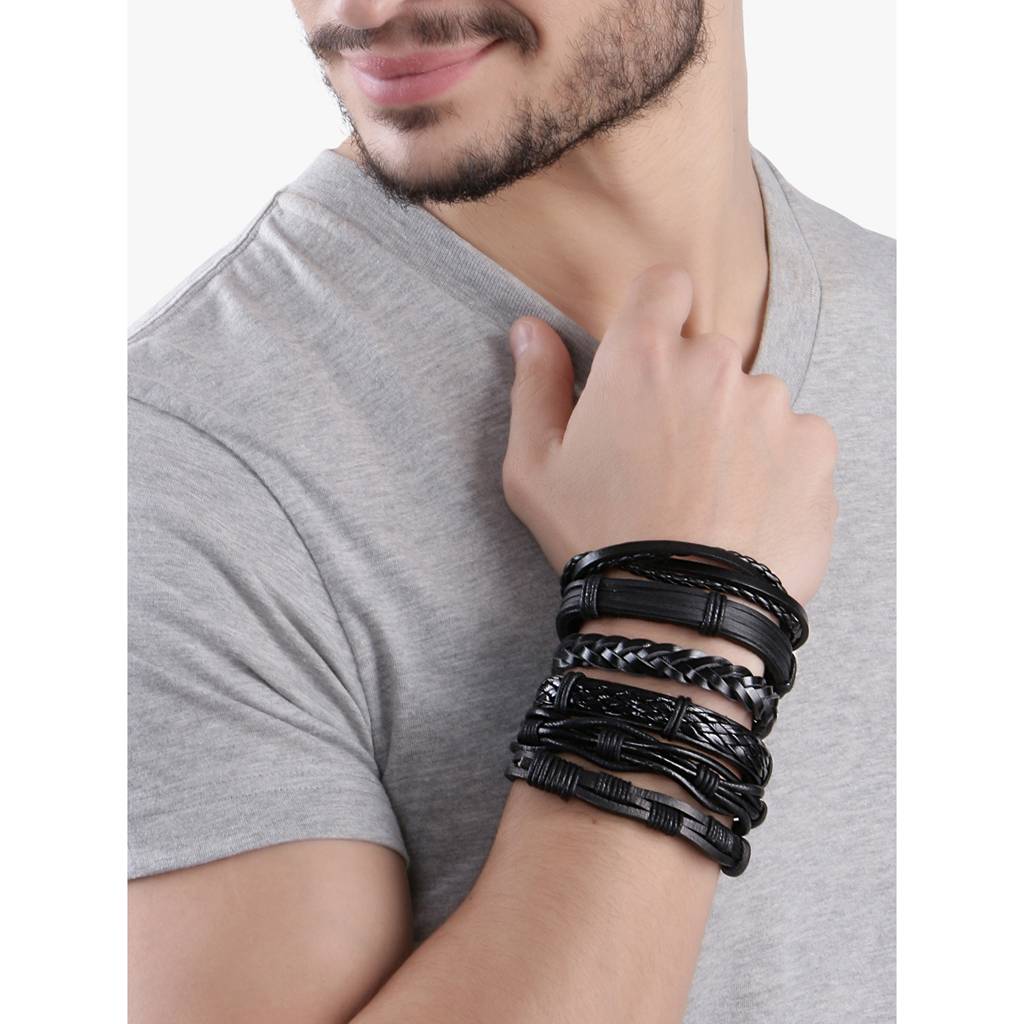 Peora Combo Pack Of 6 Black Braided Leather Bracelet For Men Boys : PX9LB02