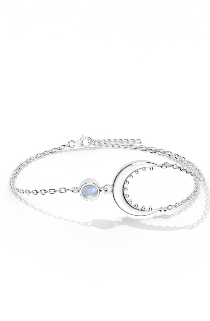 925 Sterling Silver Rainbow Moonstone Crescent Moon Bracelet : SILLUXB006_S