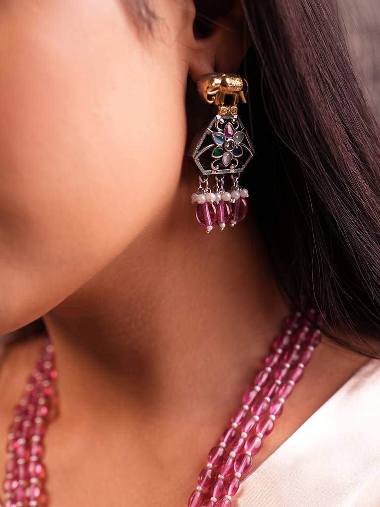 Pink Hydro Bead Floral Pendant Necklace Set : 918NKS24RM