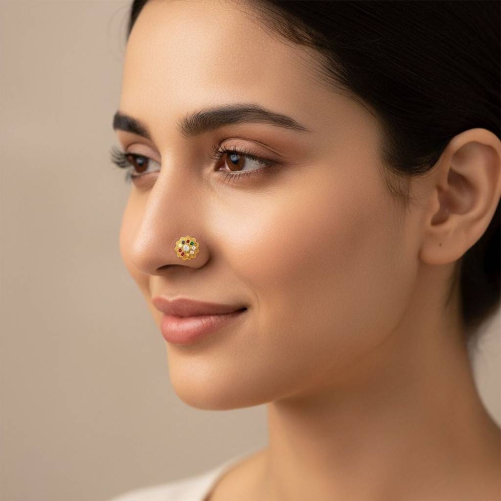 Navratna Lotus Floral Multi Gemstone Nose Pin 925 Sterling Silver Gold Plated : 0006-NP-snp-0058