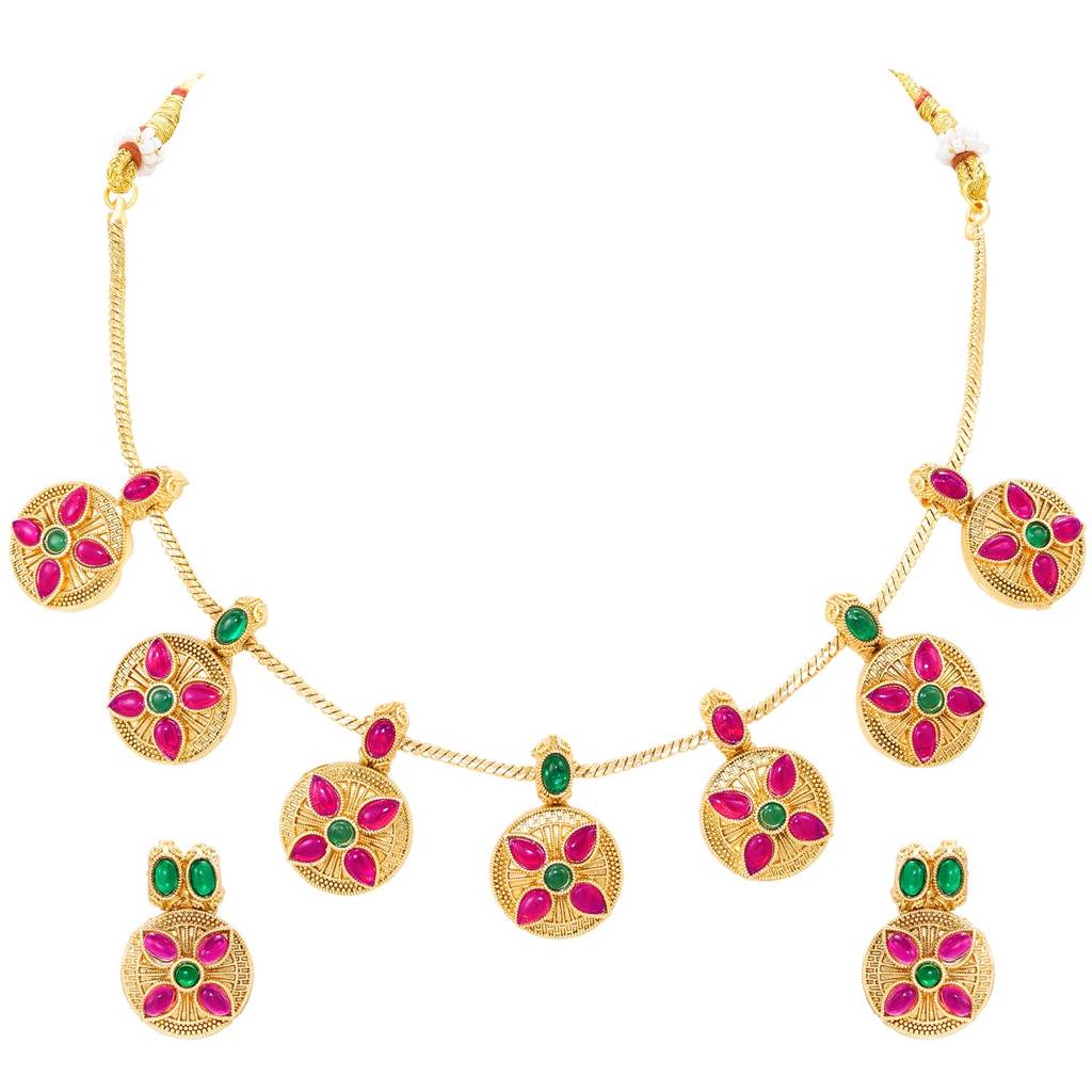 Gold Plated Green Rani Pink Floral Necklace Earrings Set For Women : PF109N05RPG