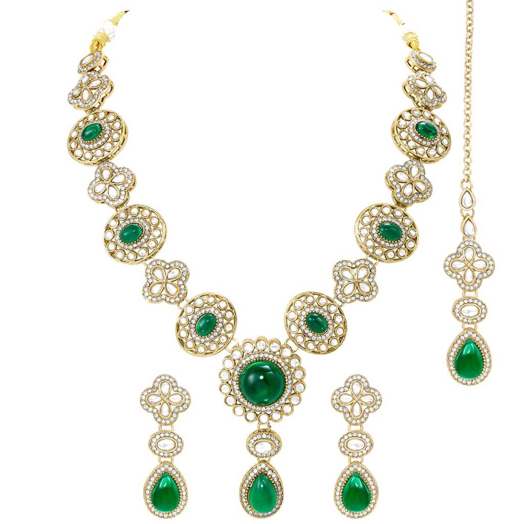 Fancy Green Crystal Studded Necklace Earring Maangtikka Set For Women : PF28N398GRN