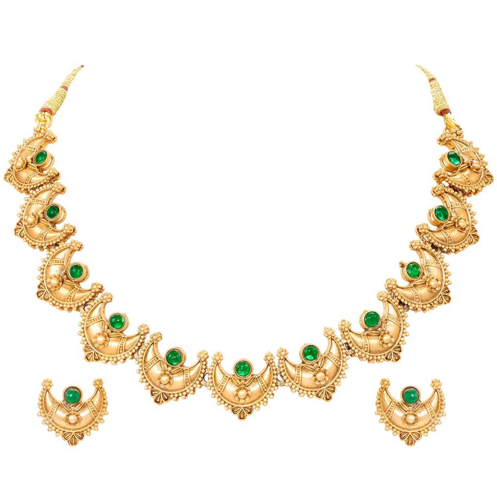 Ethnic Green Gold Plated Necklace Earrings Set Jewellery For Women : PF109N01GRN