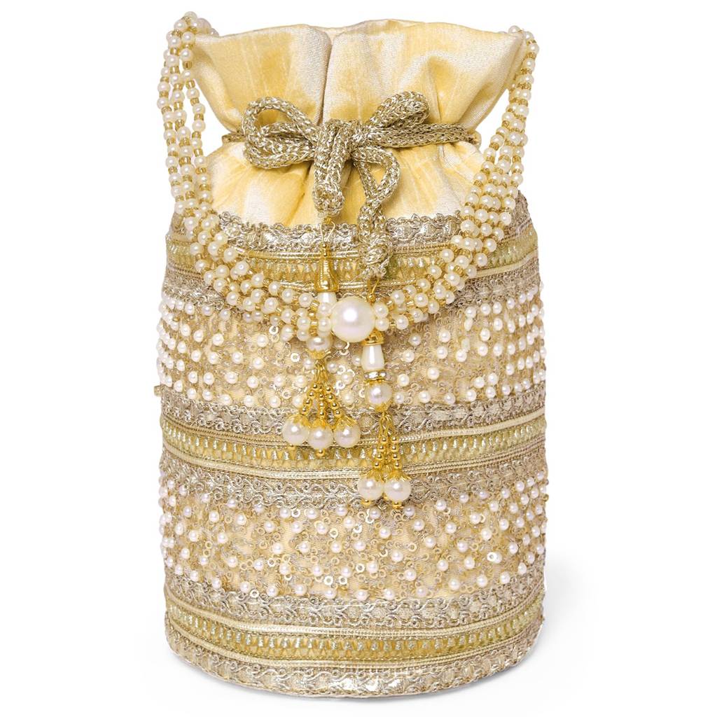 Cylinder Potli Bag With Beads Handle For Women Girls Stylish Bag Ethnic Wristlet Bride Purse With Drawstring : P205CRM-F