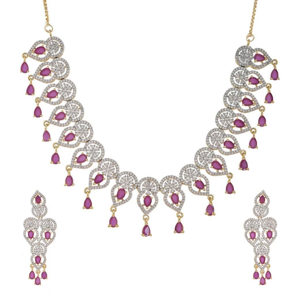 Sparkling Elegance Ruby Glimmer American Diamond Gold Necklace Set : 8905124512953