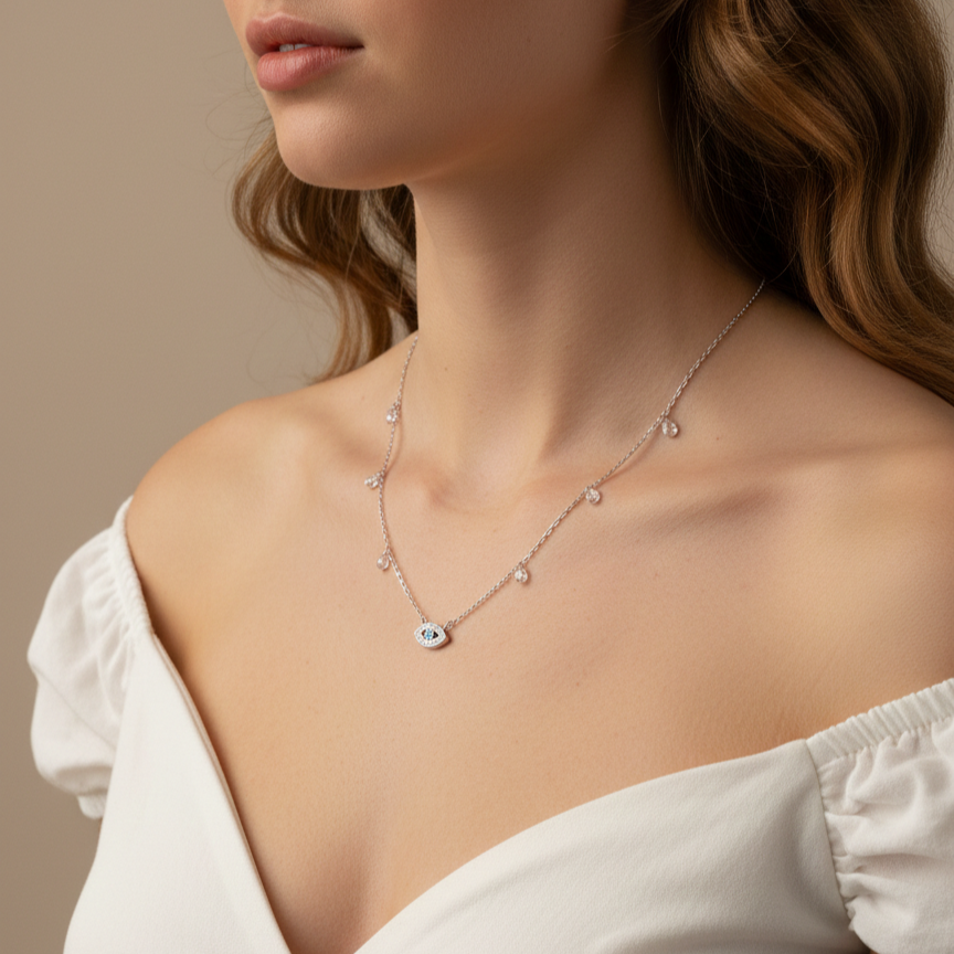 925 Sterling Silver Evil Eye Necklace – Sparkling Pavé Nazar Pendant With Dangling Cz Drops For Women : P8