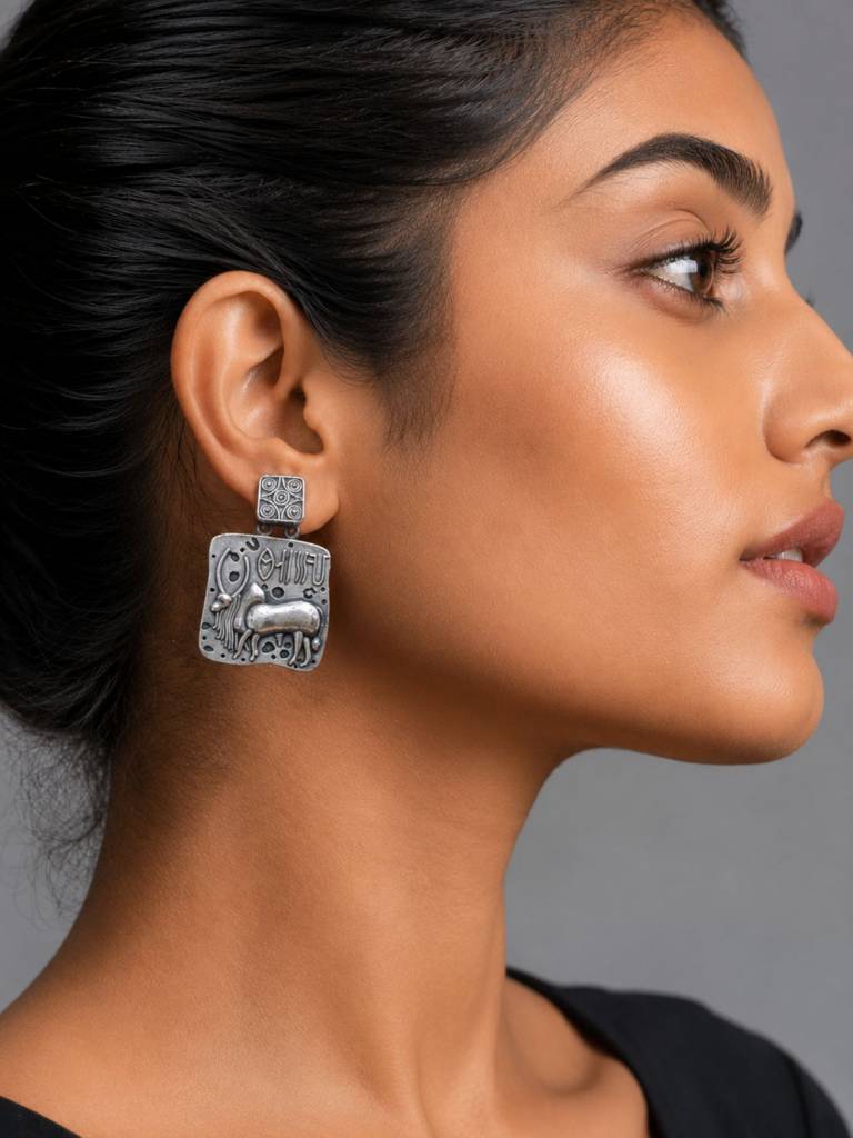 Silver Oxidised Tribal Earrings : DTINDHARRAPPAER-01
