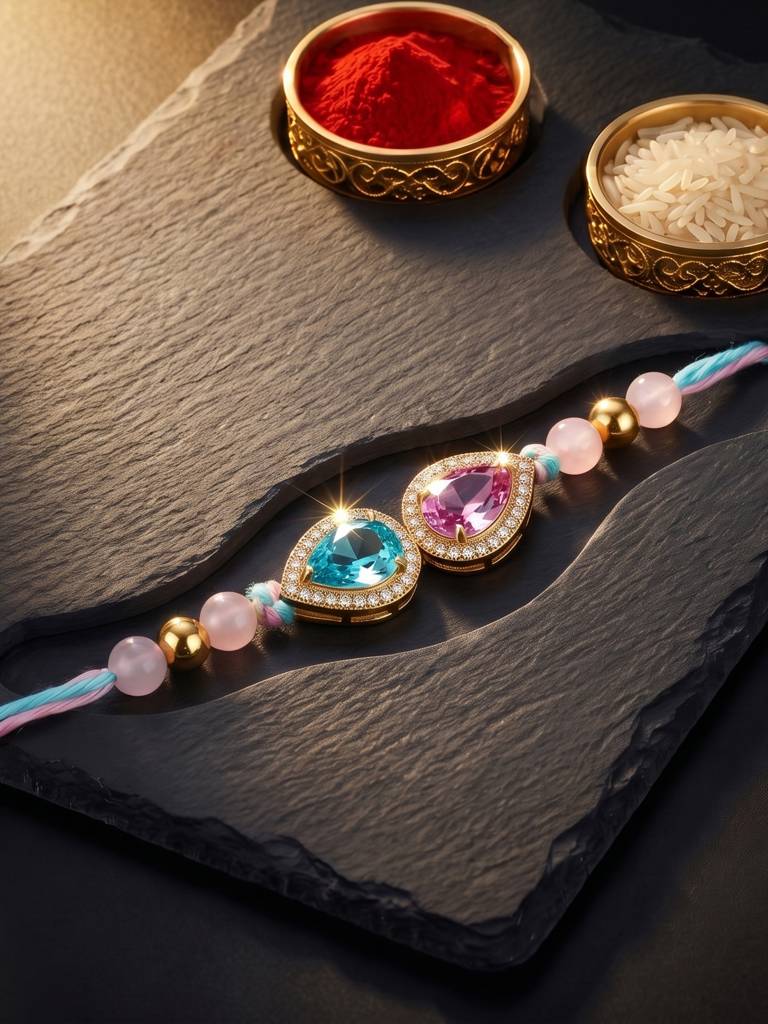 Rakhi For Brother With Blue & Pink Drop Ad Pendant, Smooth Pastel Beads,Roli Chawal & Card (176-Chr : 176-CHR1-1279-PKF-1-2026