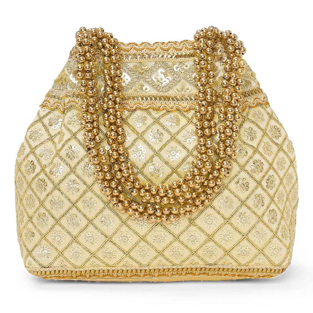 Cream Patterned Potli Bag Ethnic Wristlet Purse For Women & Girls : P121CRM