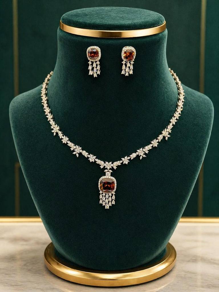 Deep Wine Cushion And Fancy Diamond Bridal Wedding Necklace Set With Earrings : 500072