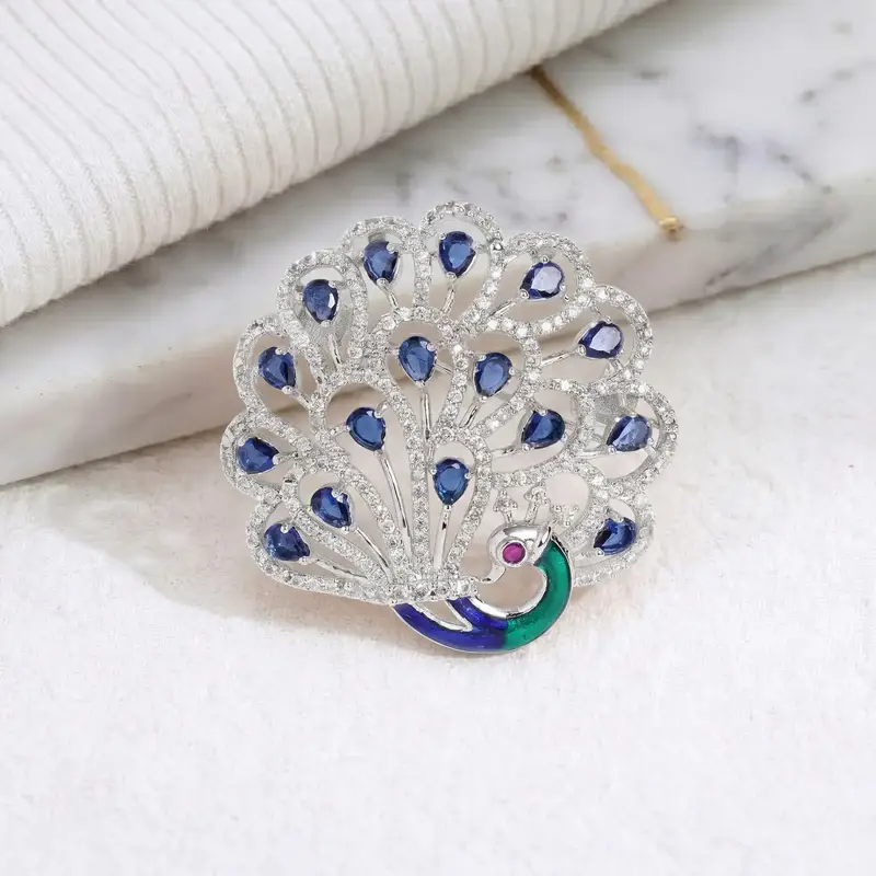 Cz Peacock Feather Brooch Pin For Women | Festive Glam : AD-006-IRBL-BROOCH