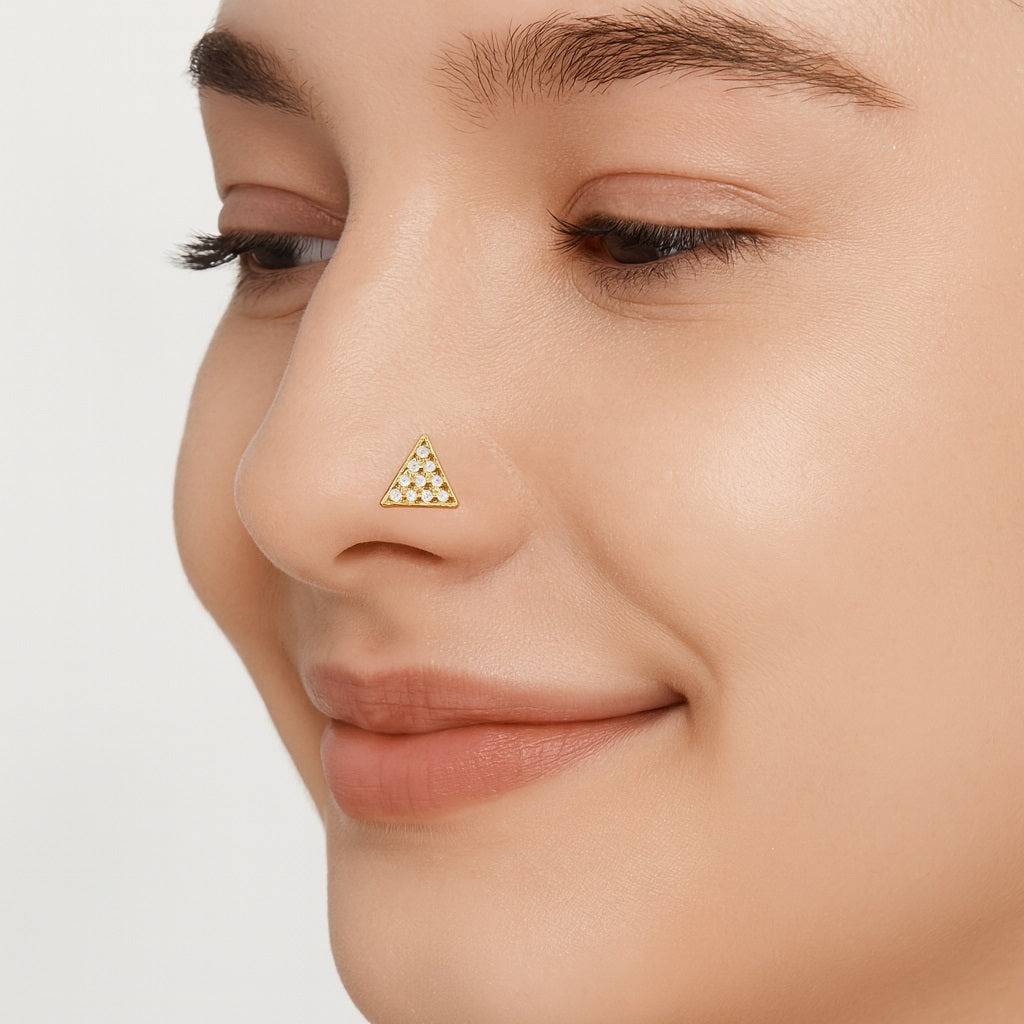 White Cz Pavã© Triangle Nose Pin 925 Sterling Silver Gold Plated : NP-0013-N-1-snp-0032