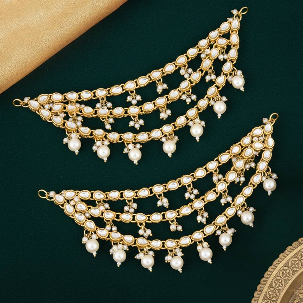 Peora Gold Plated White Kundan Studded Earrings Chain Ethnic Stylish Fashion Hair Accessories Jewellery Gift For  : PF09EC008W