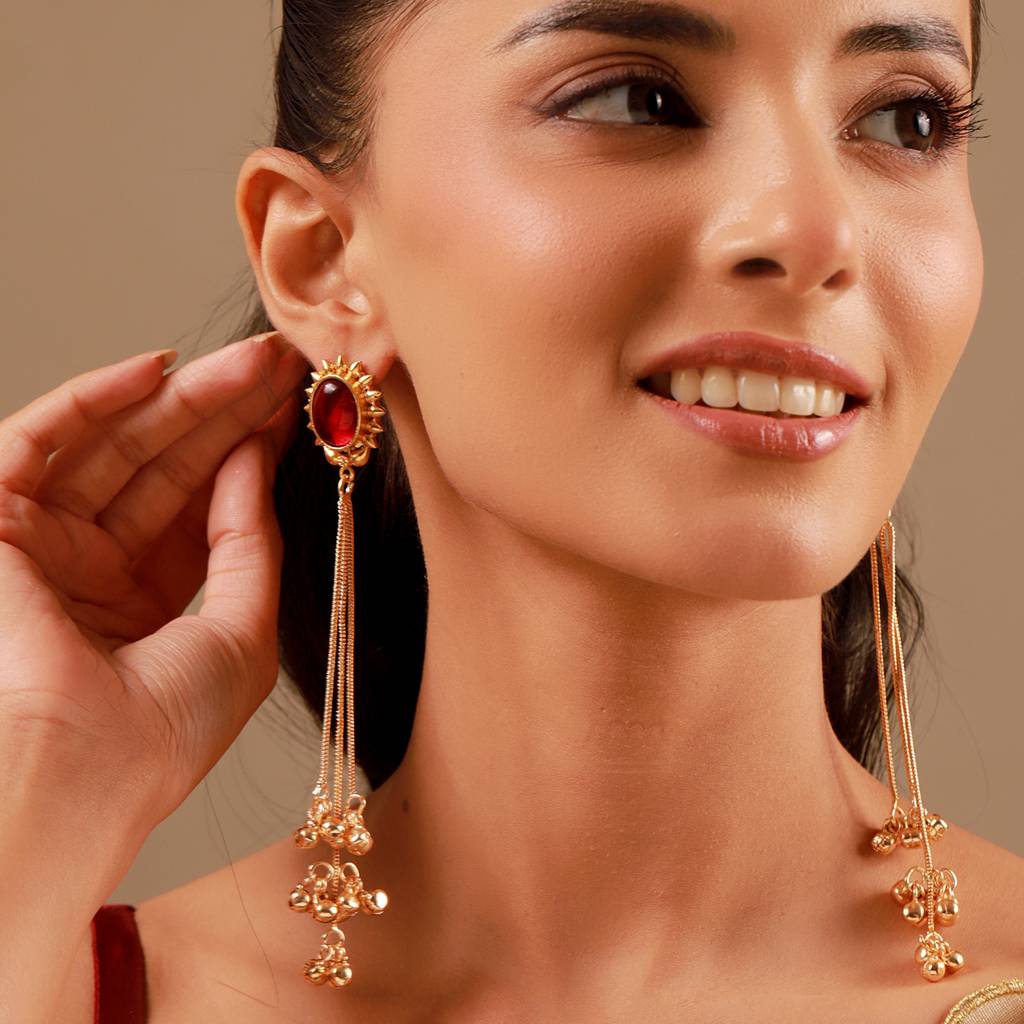 Kashmiri Maroon Gold-Toned Dangler Earrings : 8905124585018