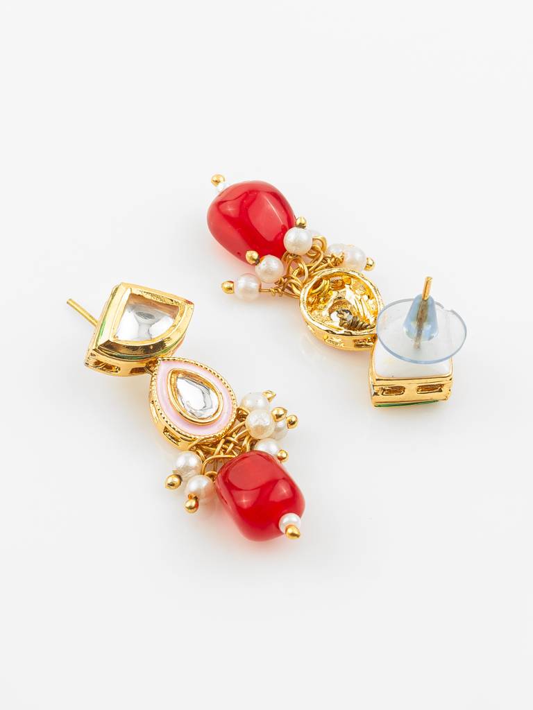 Gold Plated Red & White Kundan Beaded Necklace Set For Women : NK4724
