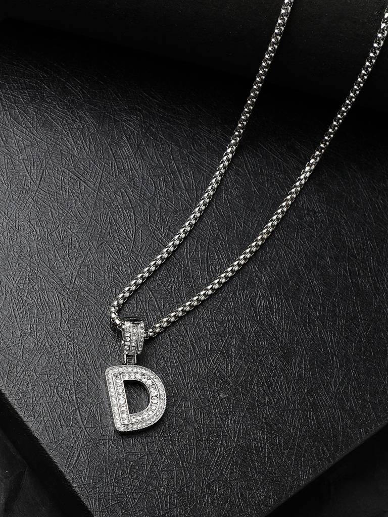 Men'S Embellished Alphabet Pendant Necklace - Silver : FANC1071-D