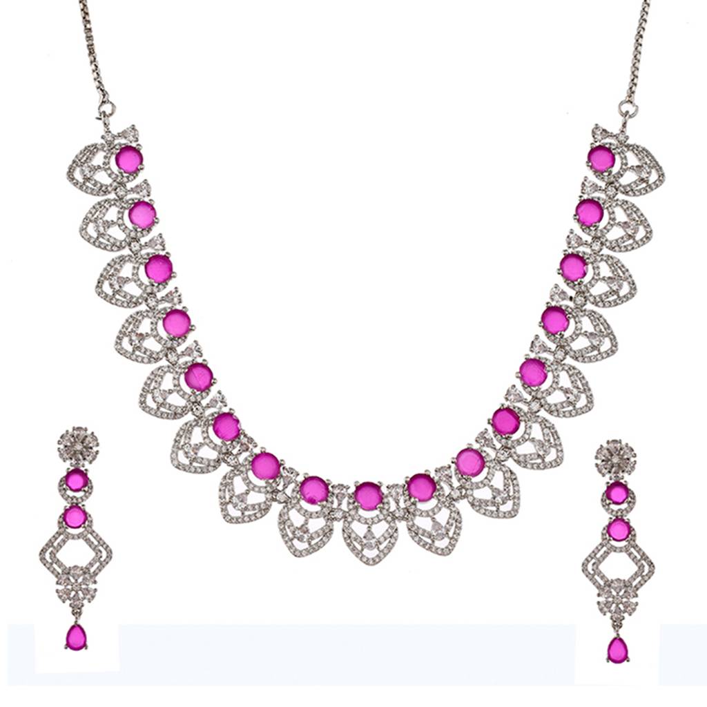 Cz Elegance Purple Stone Silver Necklace Set : 8905124477955